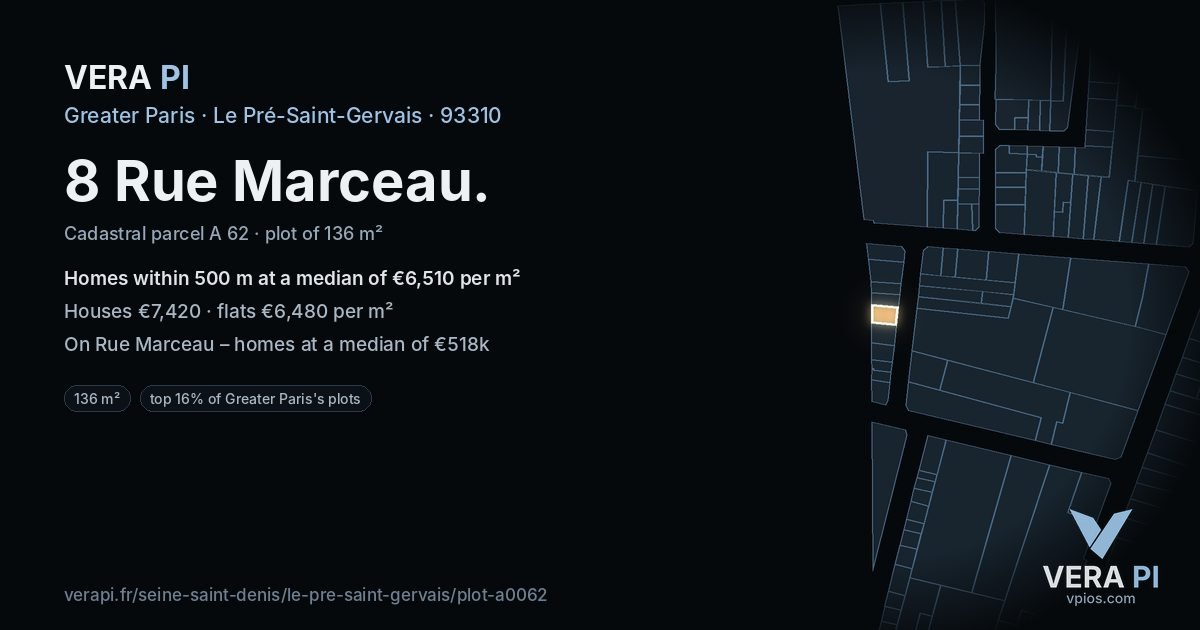 8 Rue Marceau, Le Pré-Saint-Gervais at night – the plot lit, the parcels around coloured by the prices near them