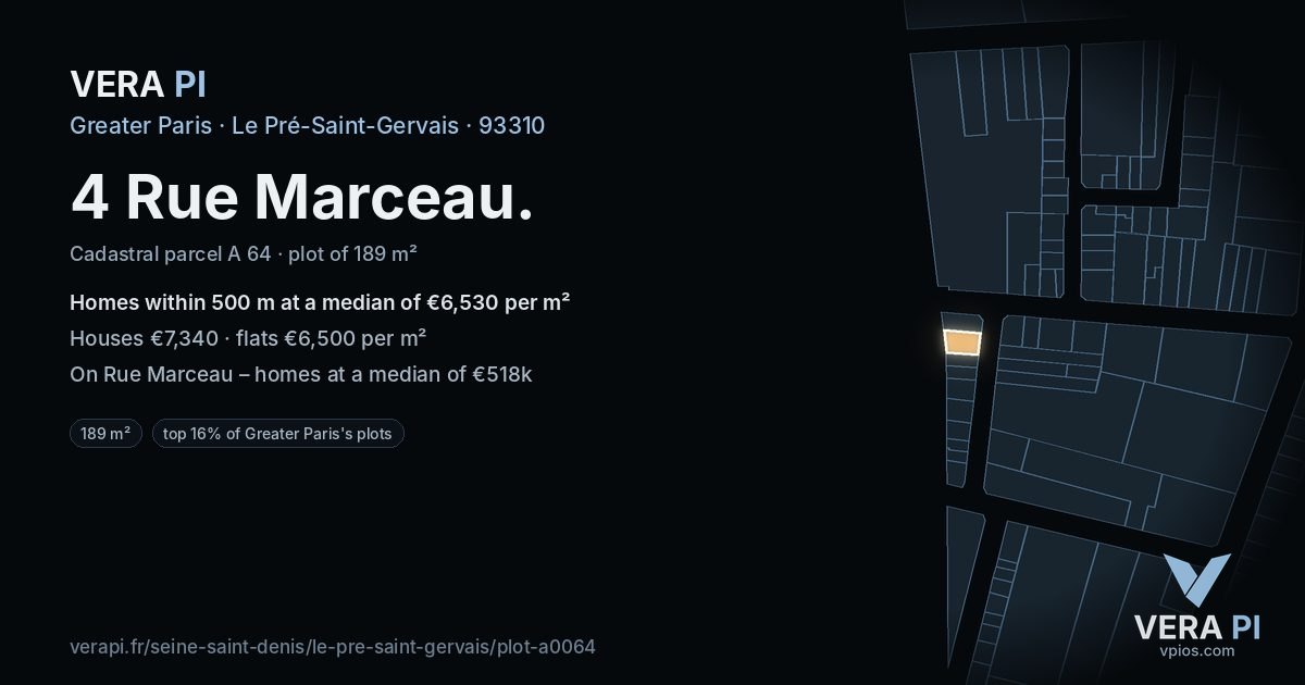 4 Rue Marceau, Le Pré-Saint-Gervais at night – the plot lit, the parcels around coloured by the prices near them