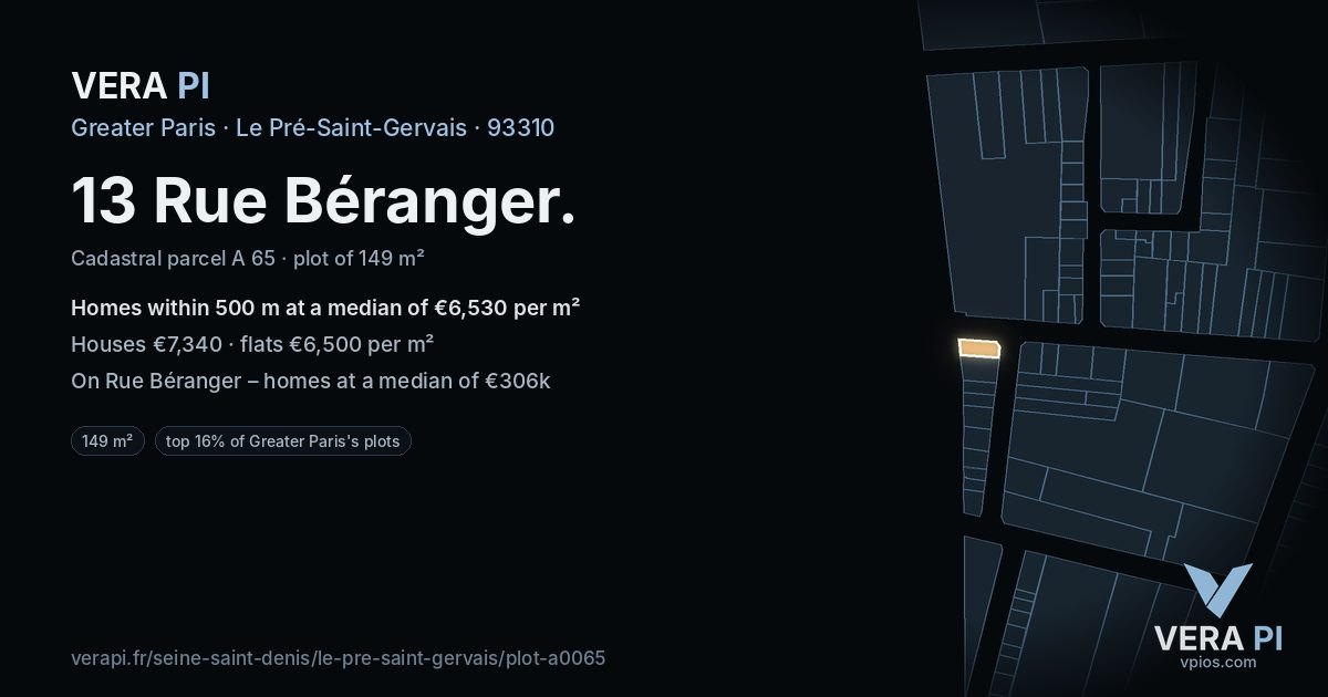 13 Rue Béranger, Le Pré-Saint-Gervais at night – the plot lit, the parcels around coloured by the prices near them