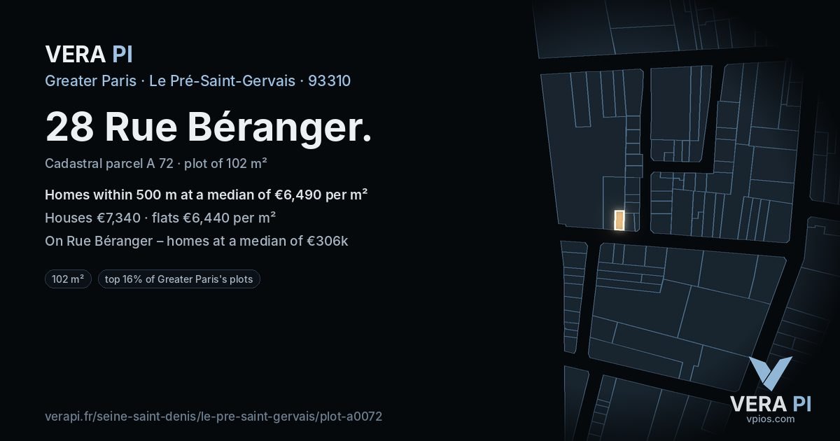 28 Rue Béranger, Le Pré-Saint-Gervais at night – the plot lit, the parcels around coloured by the prices near them