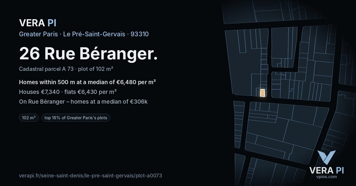 26 Rue Béranger, Le Pré-Saint-Gervais at night – the plot lit, the parcels around coloured by the prices near them