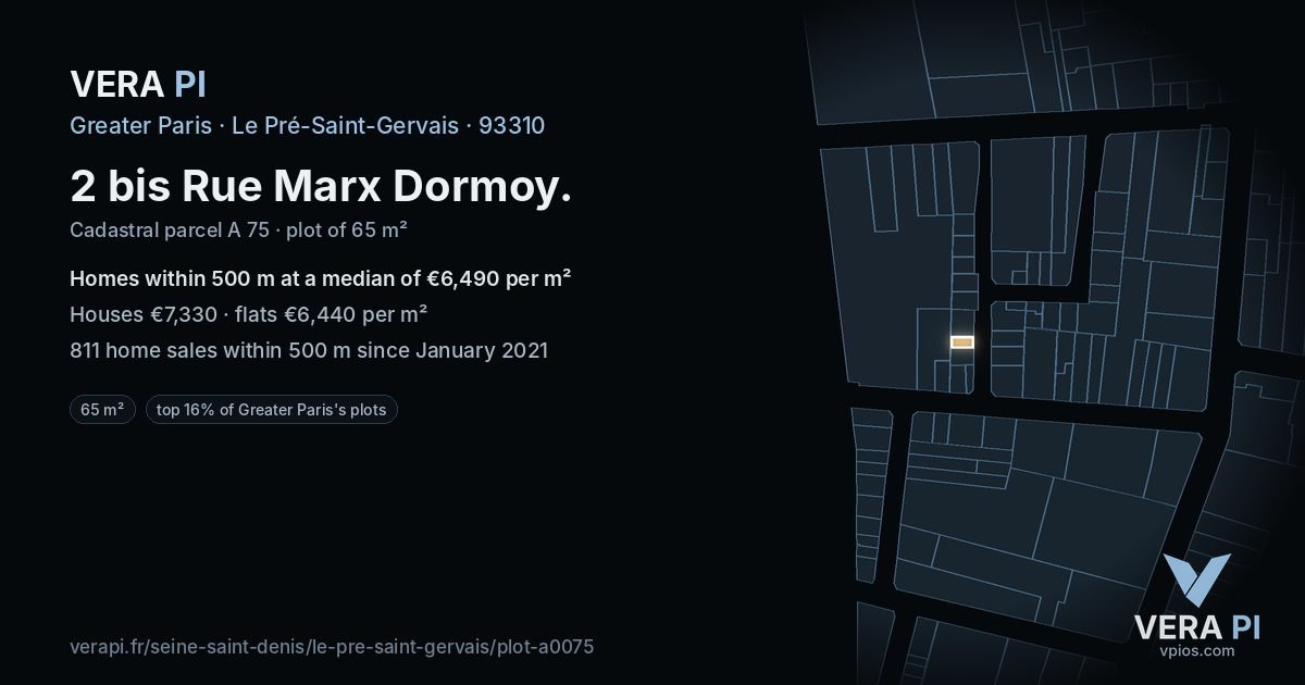 2 bis Rue Marx Dormoy, Le Pré-Saint-Gervais at night – the plot lit, the parcels around coloured by the prices near them