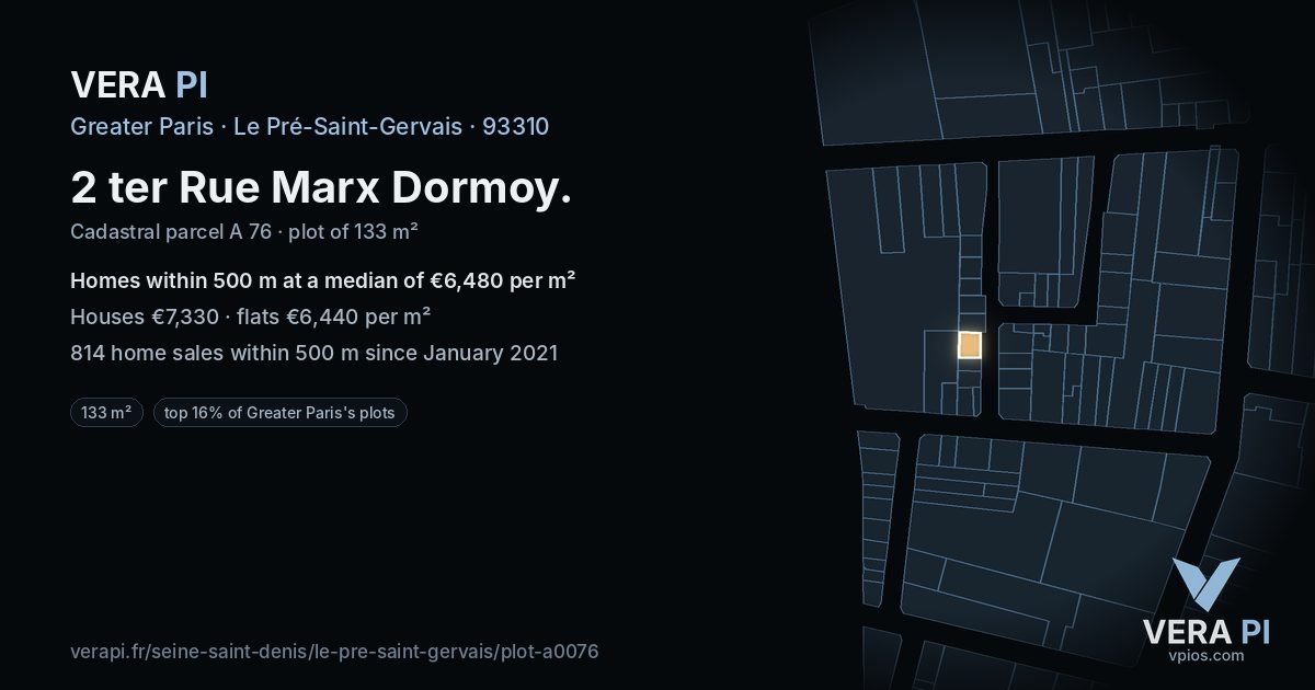 2 ter Rue Marx Dormoy, Le Pré-Saint-Gervais at night – the plot lit, the parcels around coloured by the prices near them