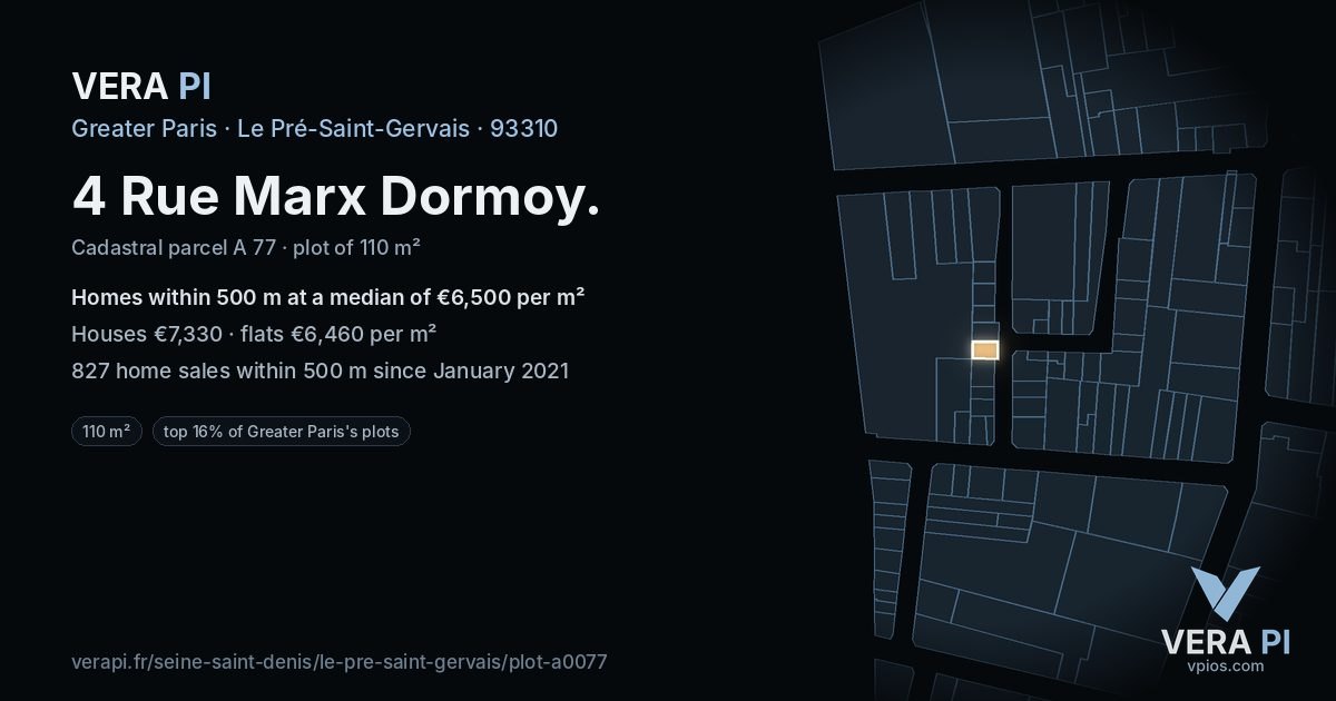4 Rue Marx Dormoy, Le Pré-Saint-Gervais at night – the plot lit, the parcels around coloured by the prices near them