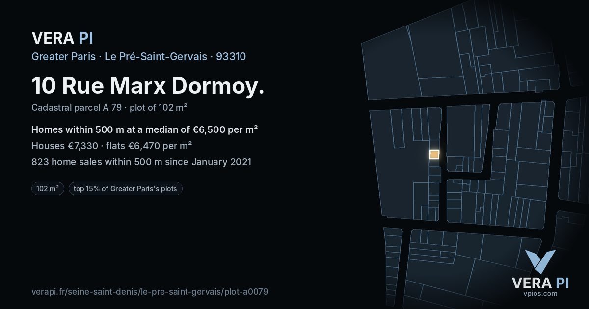 10 Rue Marx Dormoy, Le Pré-Saint-Gervais at night – the plot lit, the parcels around coloured by the prices near them
