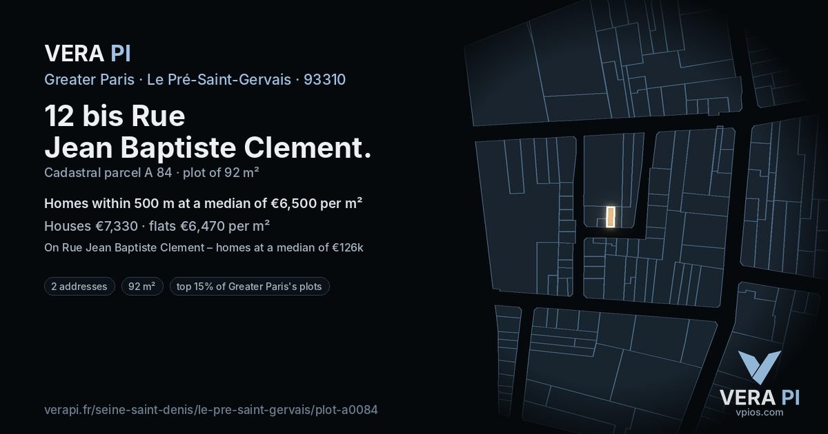 12 bis Rue Jean Baptiste Clement, Le Pré-Saint-Gervais at night – the plot lit, the parcels around coloured by the prices near them