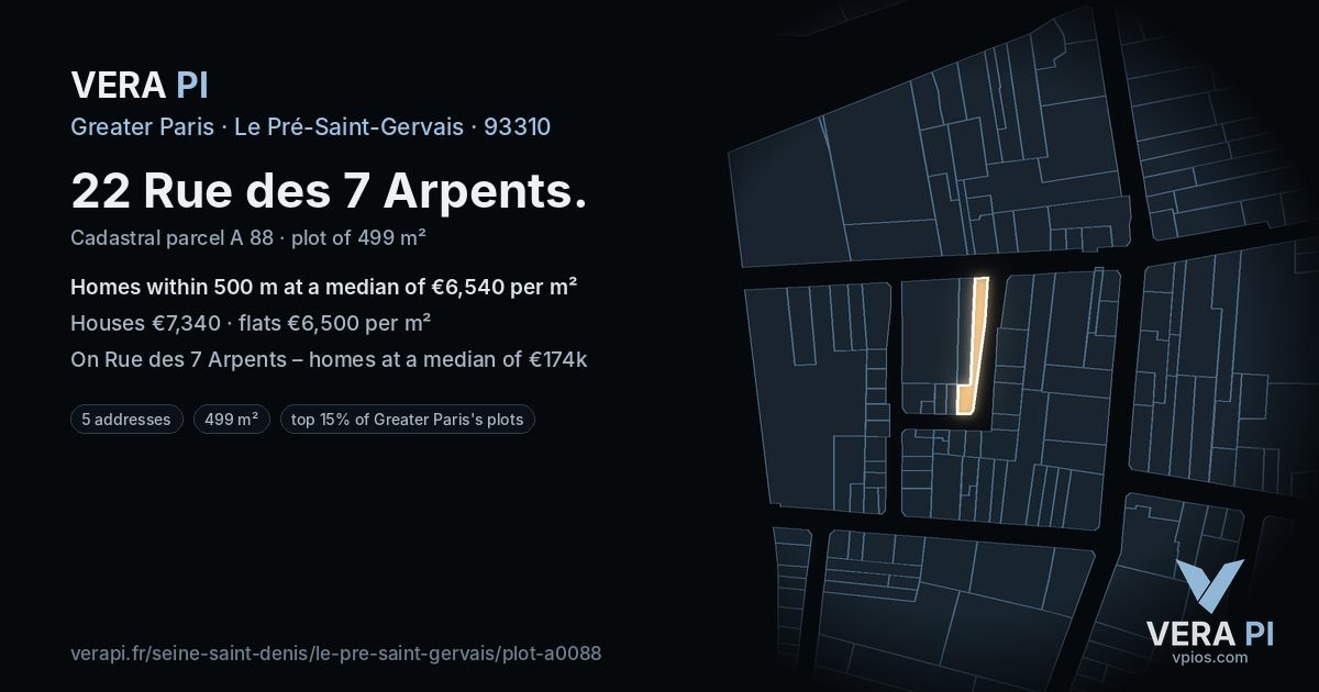 22 Rue des 7 Arpents, Le Pré-Saint-Gervais at night – the plot lit, the parcels around coloured by the prices near them