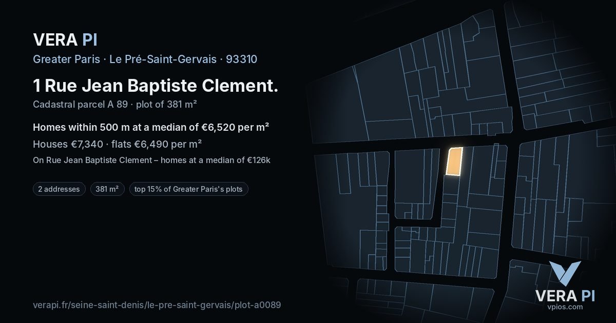 1 Rue Jean Baptiste Clement, Le Pré-Saint-Gervais at night – the plot lit, the parcels around coloured by the prices near them