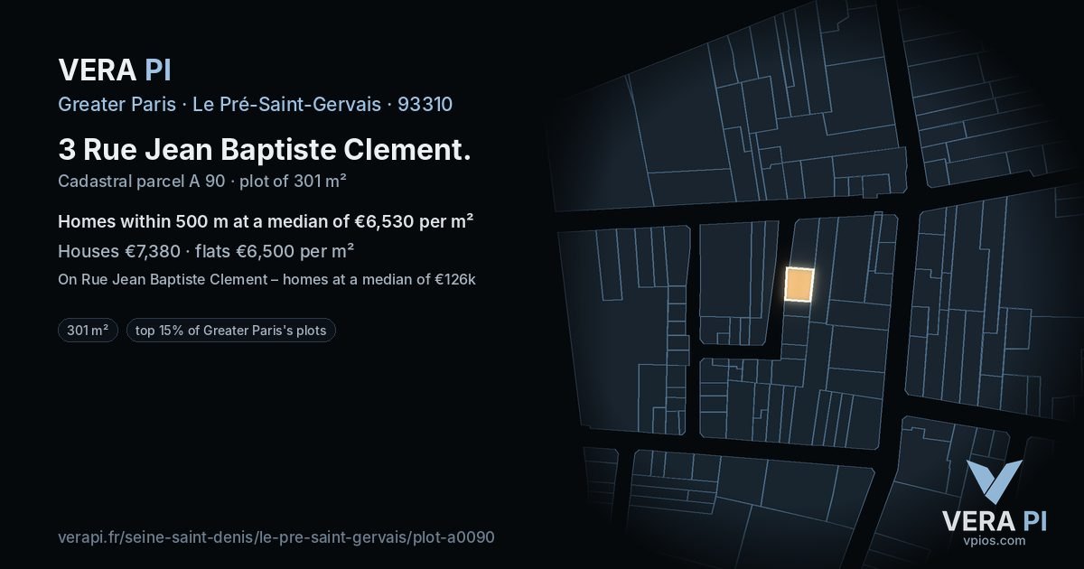 3 Rue Jean Baptiste Clement, Le Pré-Saint-Gervais at night – the plot lit, the parcels around coloured by the prices near them