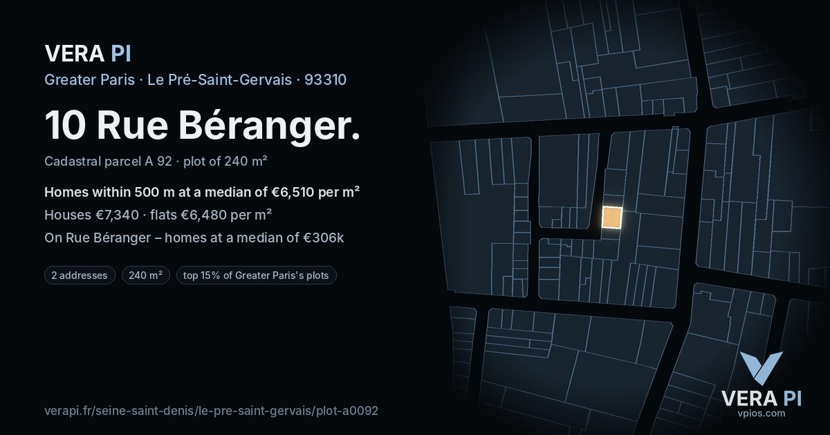 10 Rue Béranger, Le Pré-Saint-Gervais at night – the plot lit, the parcels around coloured by the prices near them
