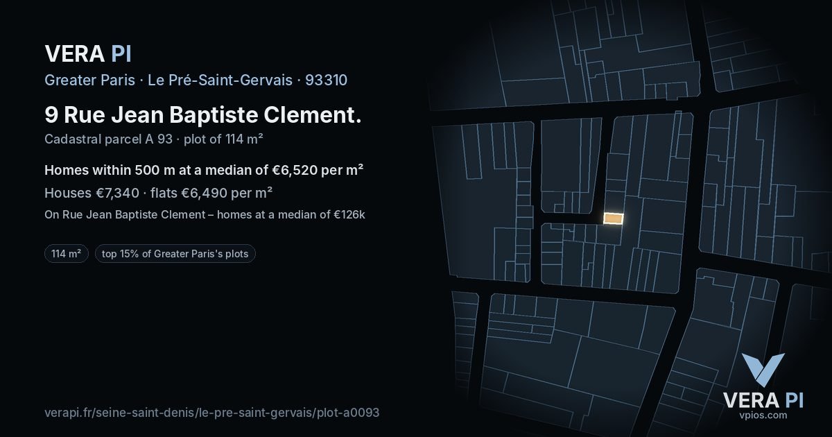 9 Rue Jean Baptiste Clement, Le Pré-Saint-Gervais at night – the plot lit, the parcels around coloured by the prices near them