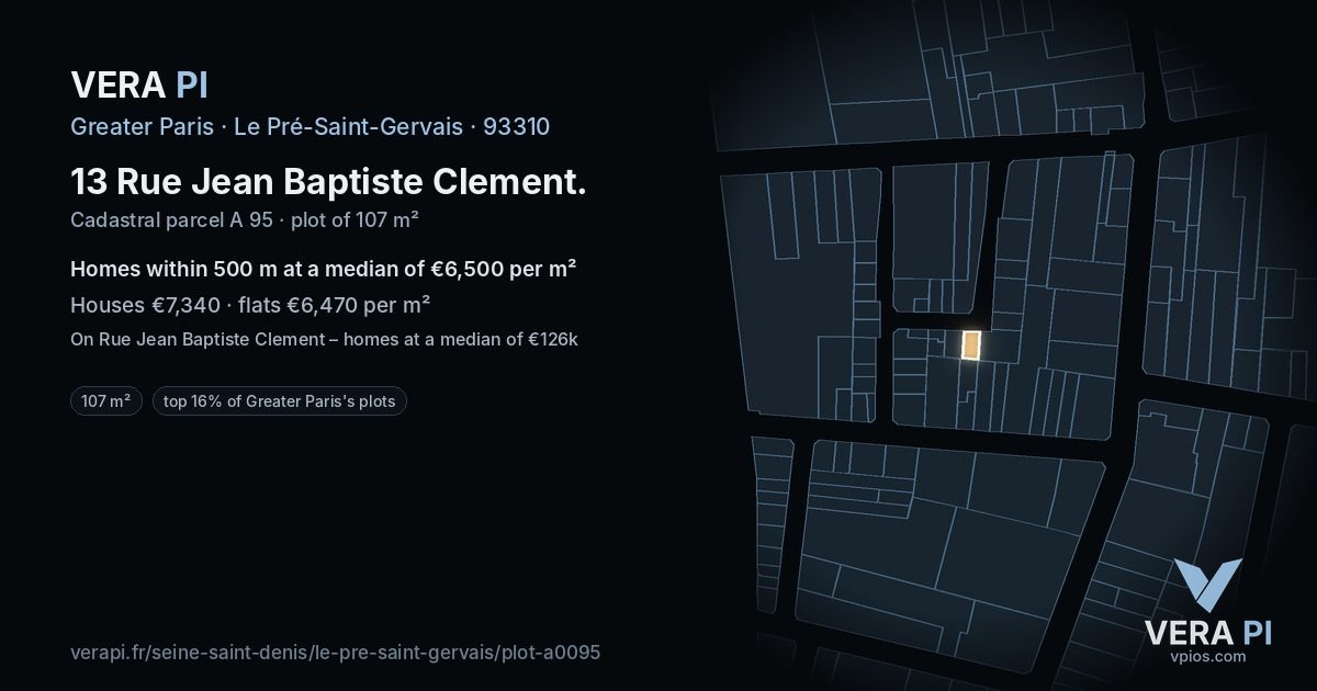 13 Rue Jean Baptiste Clement, Le Pré-Saint-Gervais at night – the plot lit, the parcels around coloured by the prices near them