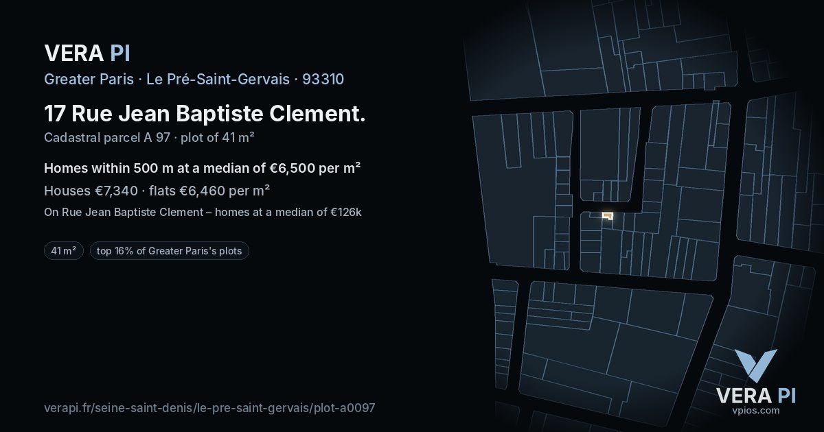 17 Rue Jean Baptiste Clement, Le Pré-Saint-Gervais at night – the plot lit, the parcels around coloured by the prices near them