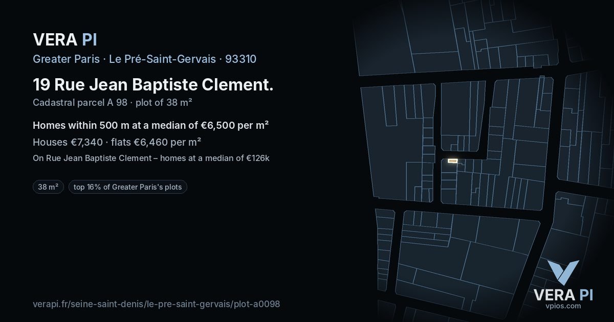 19 Rue Jean Baptiste Clement, Le Pré-Saint-Gervais at night – the plot lit, the parcels around coloured by the prices near them