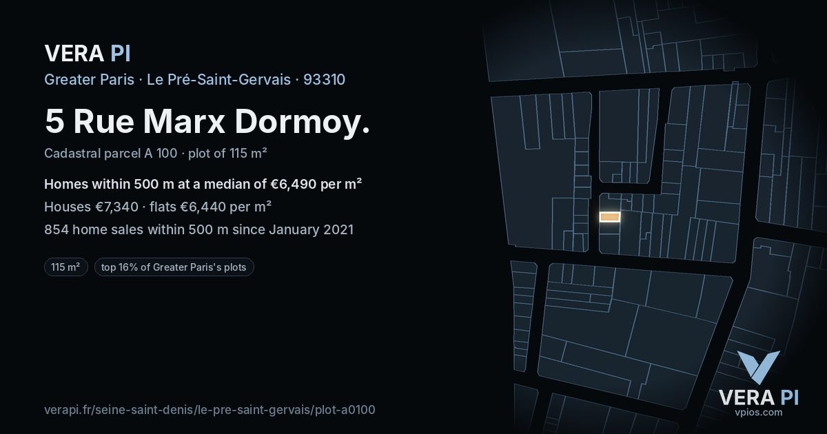 5 Rue Marx Dormoy, Le Pré-Saint-Gervais at night – the plot lit, the parcels around coloured by the prices near them