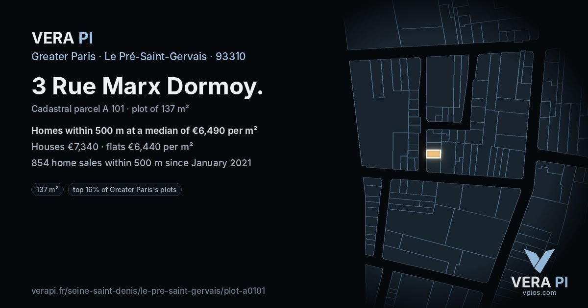 3 Rue Marx Dormoy, Le Pré-Saint-Gervais at night – the plot lit, the parcels around coloured by the prices near them