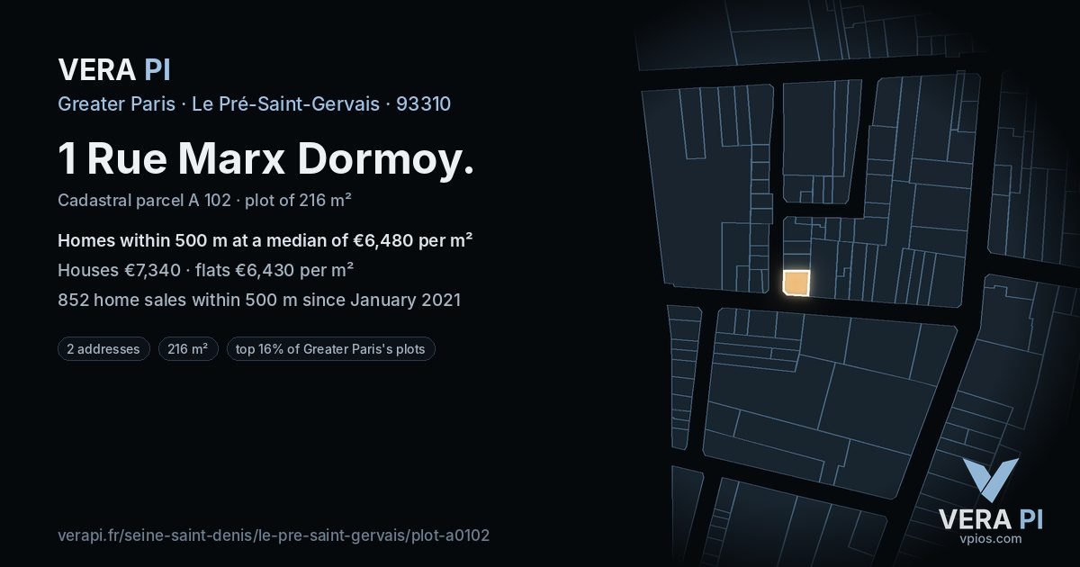 1 Rue Marx Dormoy, Le Pré-Saint-Gervais at night – the plot lit, the parcels around coloured by the prices near them