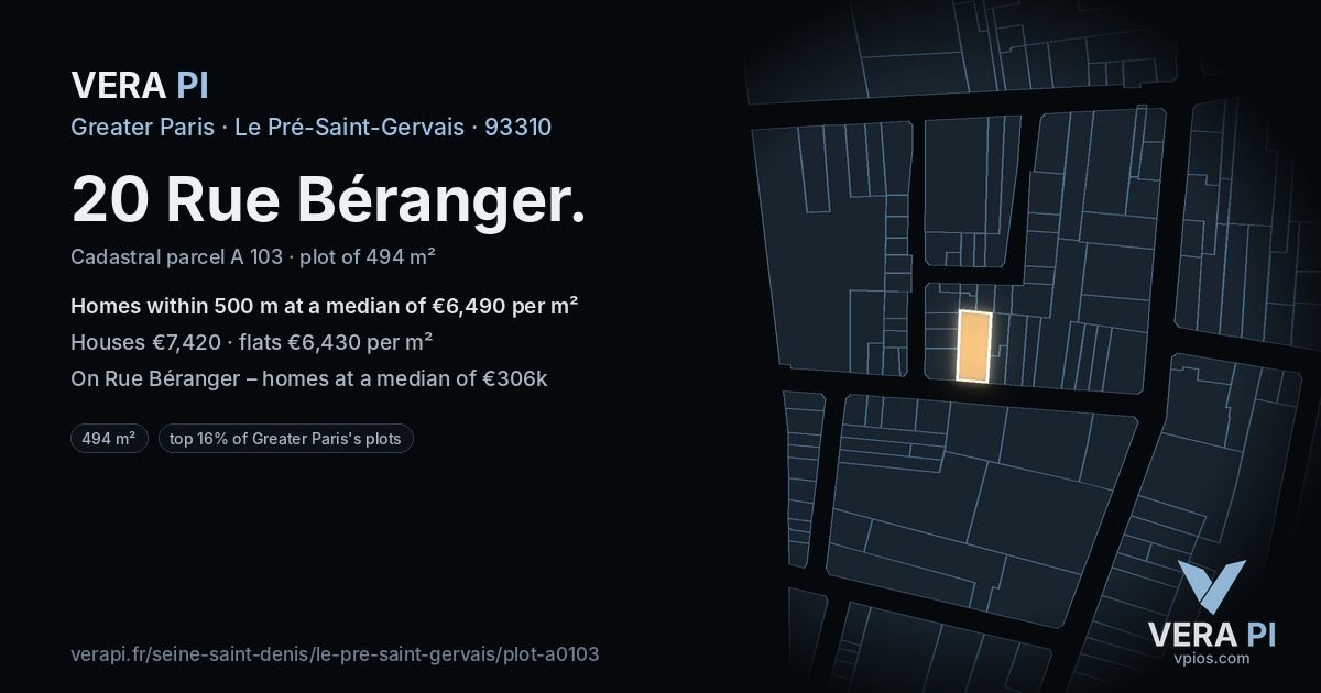 20 Rue Béranger, Le Pré-Saint-Gervais at night – the plot lit, the parcels around coloured by the prices near them