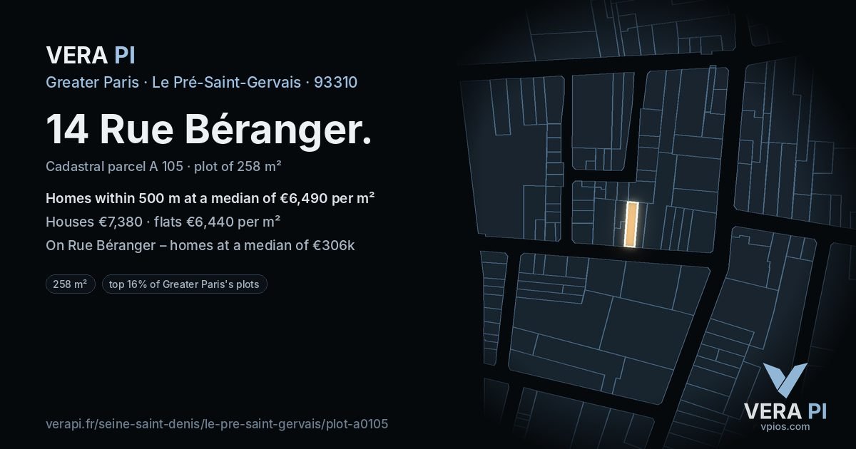 14 Rue Béranger, Le Pré-Saint-Gervais at night – the plot lit, the parcels around coloured by the prices near them