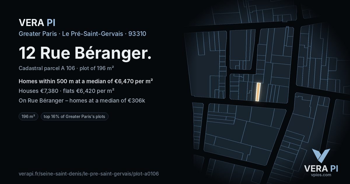 12 Rue Béranger, Le Pré-Saint-Gervais at night – the plot lit, the parcels around coloured by the prices near them