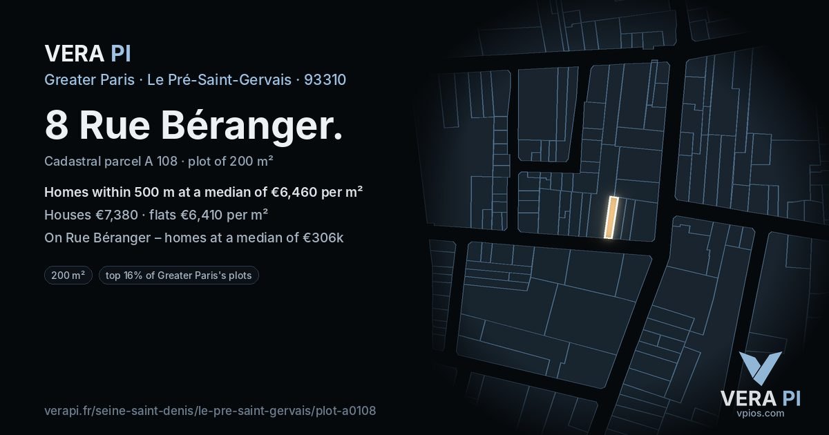 8 Rue Béranger, Le Pré-Saint-Gervais at night – the plot lit, the parcels around coloured by the prices near them