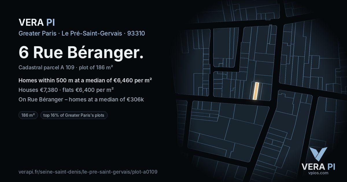 6 Rue Béranger, Le Pré-Saint-Gervais at night – the plot lit, the parcels around coloured by the prices near them