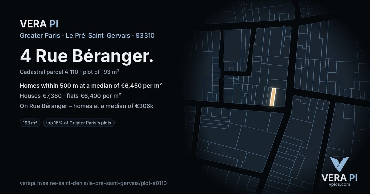 4 Rue Béranger, Le Pré-Saint-Gervais at night – the plot lit, the parcels around coloured by the prices near them