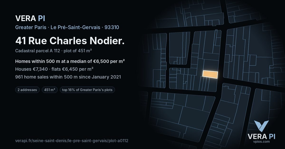 41 Rue Charles Nodier, Le Pré-Saint-Gervais at night – the plot lit, the parcels around coloured by the prices near them