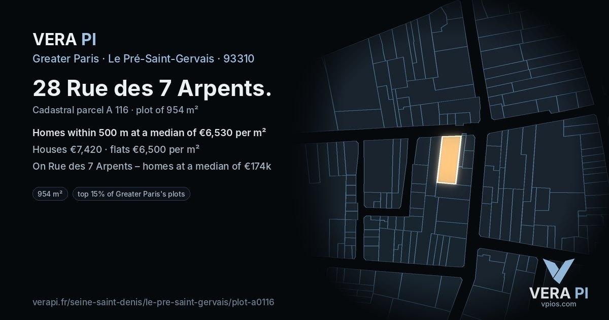 28 Rue des 7 Arpents, Le Pré-Saint-Gervais at night – the plot lit, the parcels around coloured by the prices near them