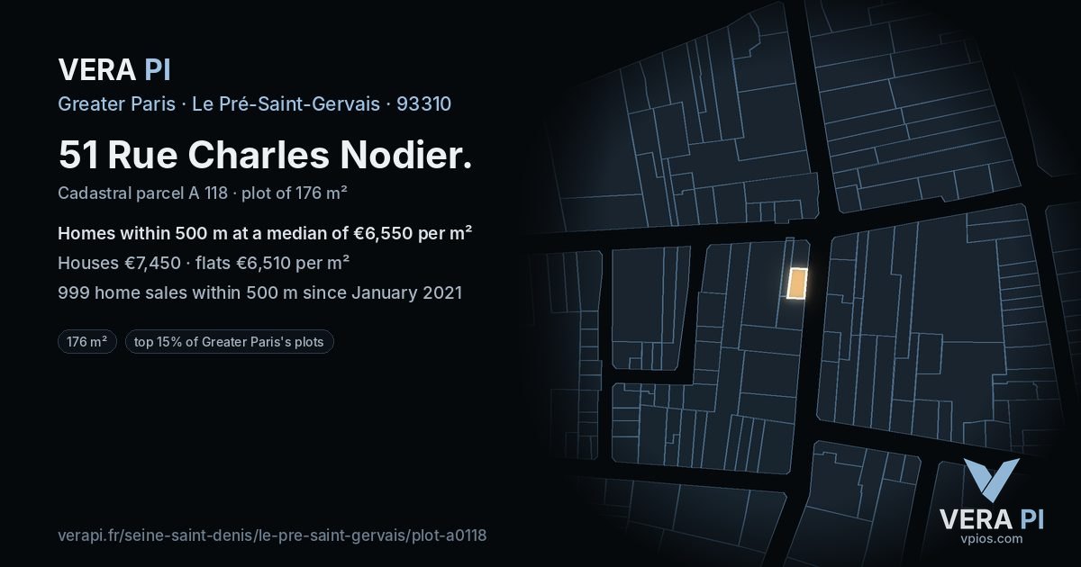 51 Rue Charles Nodier, Le Pré-Saint-Gervais at night – the plot lit, the parcels around coloured by the prices near them