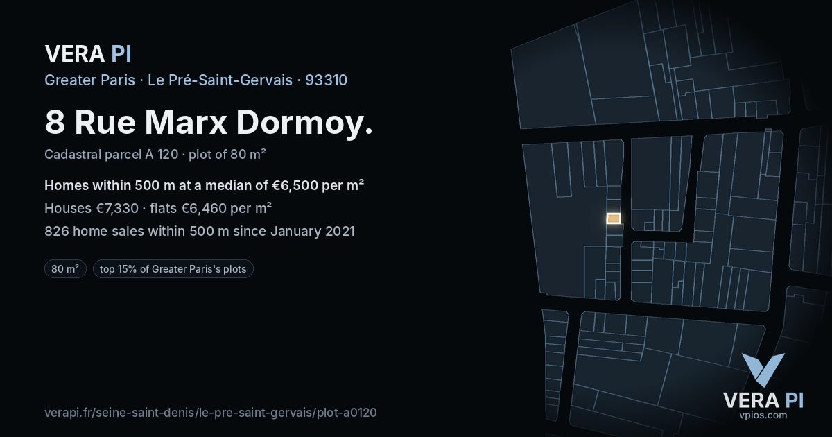 8 Rue Marx Dormoy, Le Pré-Saint-Gervais at night – the plot lit, the parcels around coloured by the prices near them