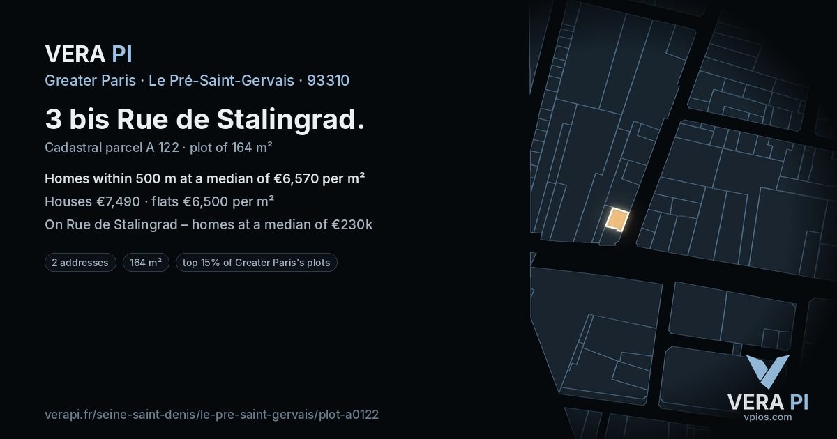 3 bis Rue de Stalingrad, Le Pré-Saint-Gervais at night – the plot lit, the parcels around coloured by the prices near them