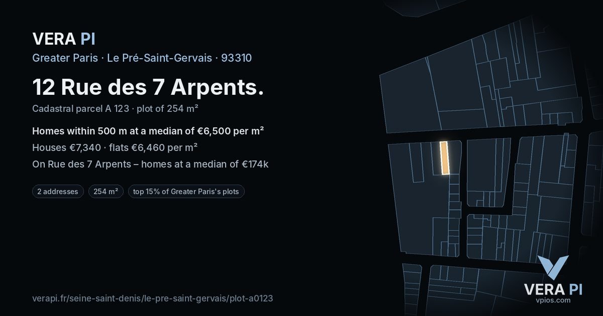 12 Rue des 7 Arpents, Le Pré-Saint-Gervais at night – the plot lit, the parcels around coloured by the prices near them