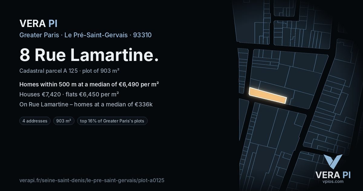8 Rue Lamartine, Le Pré-Saint-Gervais at night – the plot lit, the parcels around coloured by the prices near them