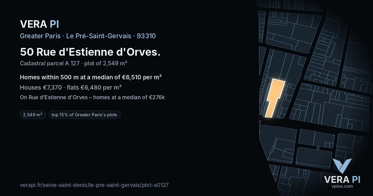50 Rue d'Estienne d'Orves, Le Pré-Saint-Gervais at night – the plot lit, the parcels around coloured by the prices near them