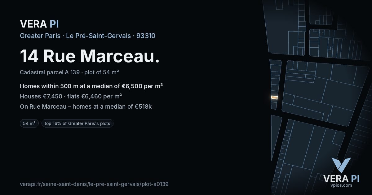 14 Rue Marceau, Le Pré-Saint-Gervais at night – the plot lit, the parcels around coloured by the prices near them