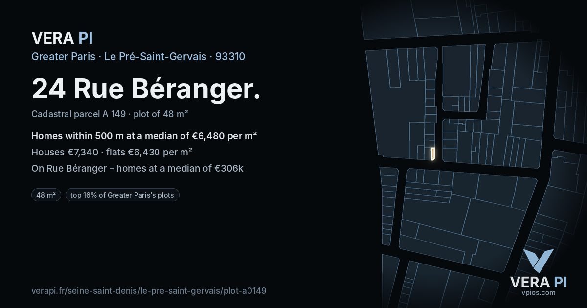 24 Rue Béranger, Le Pré-Saint-Gervais at night – the plot lit, the parcels around coloured by the prices near them