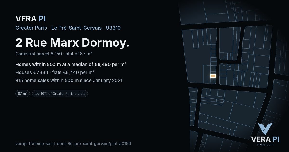 2 Rue Marx Dormoy, Le Pré-Saint-Gervais at night – the plot lit, the parcels around coloured by the prices near them
