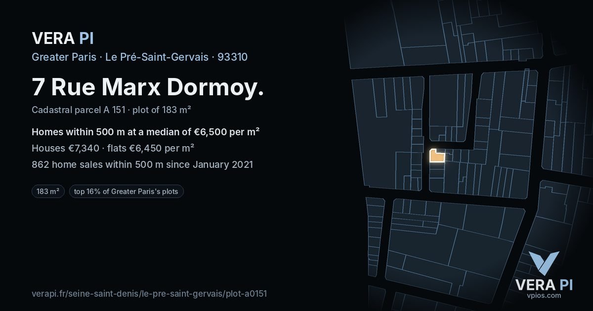 7 Rue Marx Dormoy, Le Pré-Saint-Gervais at night – the plot lit, the parcels around coloured by the prices near them