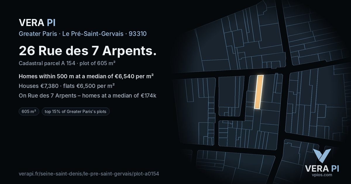 26 Rue des 7 Arpents, Le Pré-Saint-Gervais at night – the plot lit, the parcels around coloured by the prices near them