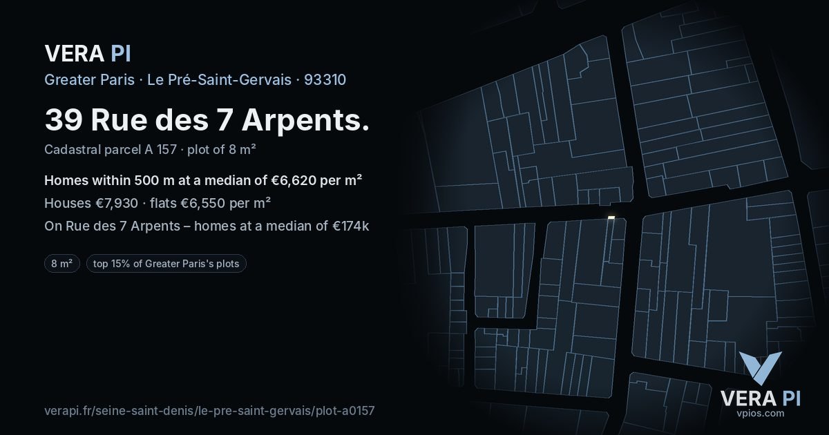 39 Rue des 7 Arpents, Le Pré-Saint-Gervais at night – the plot lit, the parcels around coloured by the prices near them