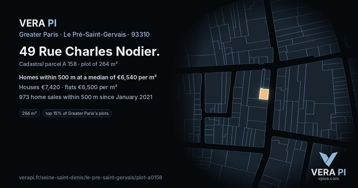 49 Rue Charles Nodier, Le Pré-Saint-Gervais at night – the plot lit, the parcels around coloured by the prices near them