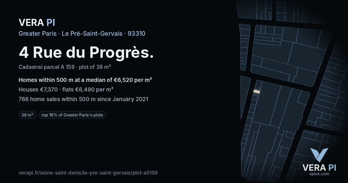 4 Rue du Progrès, Le Pré-Saint-Gervais at night – the plot lit, the parcels around coloured by the prices near them