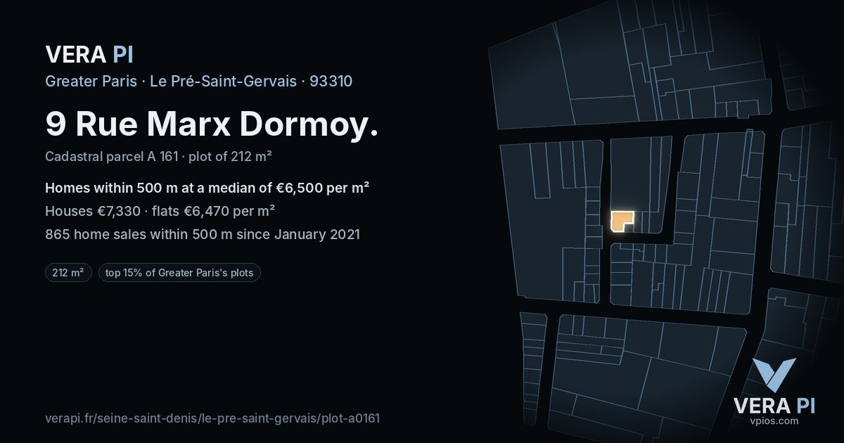 9 Rue Marx Dormoy, Le Pré-Saint-Gervais at night – the plot lit, the parcels around coloured by the prices near them