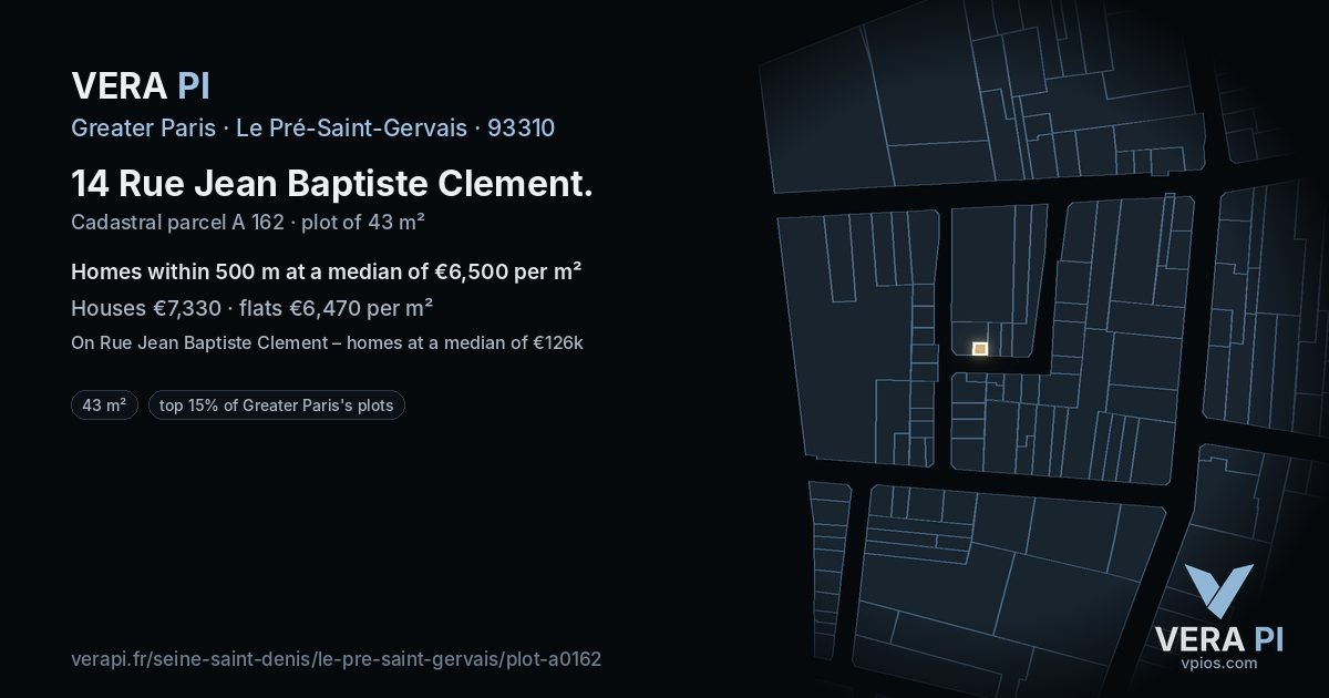 14 Rue Jean Baptiste Clement, Le Pré-Saint-Gervais at night – the plot lit, the parcels around coloured by the prices near them