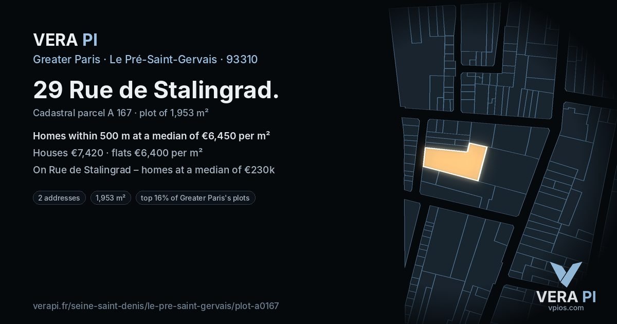 29 Rue de Stalingrad, Le Pré-Saint-Gervais at night – the plot lit, the parcels around coloured by the prices near them