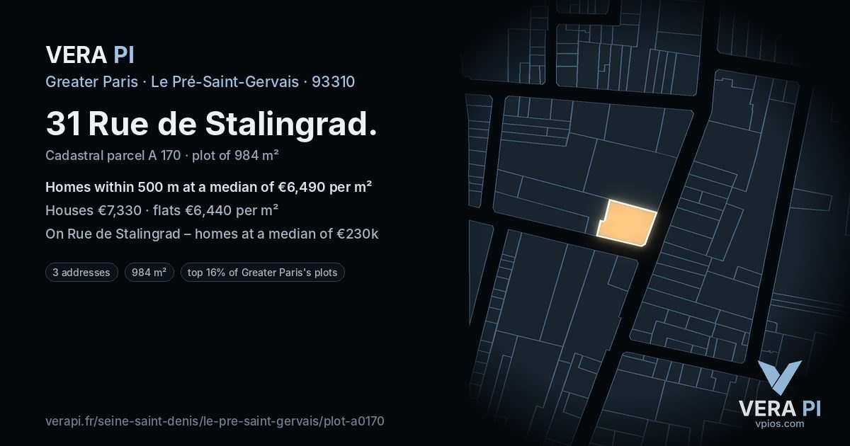 31 Rue de Stalingrad, Le Pré-Saint-Gervais at night – the plot lit, the parcels around coloured by the prices near them