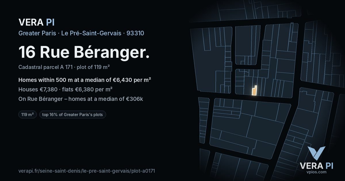 16 Rue Béranger, Le Pré-Saint-Gervais at night – the plot lit, the parcels around coloured by the prices near them