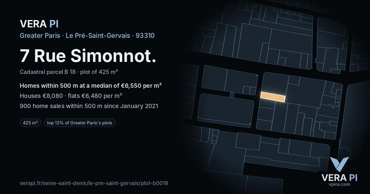 7 Rue Simonnot, Le Pré-Saint-Gervais at night – the plot lit, the parcels around coloured by the prices near them