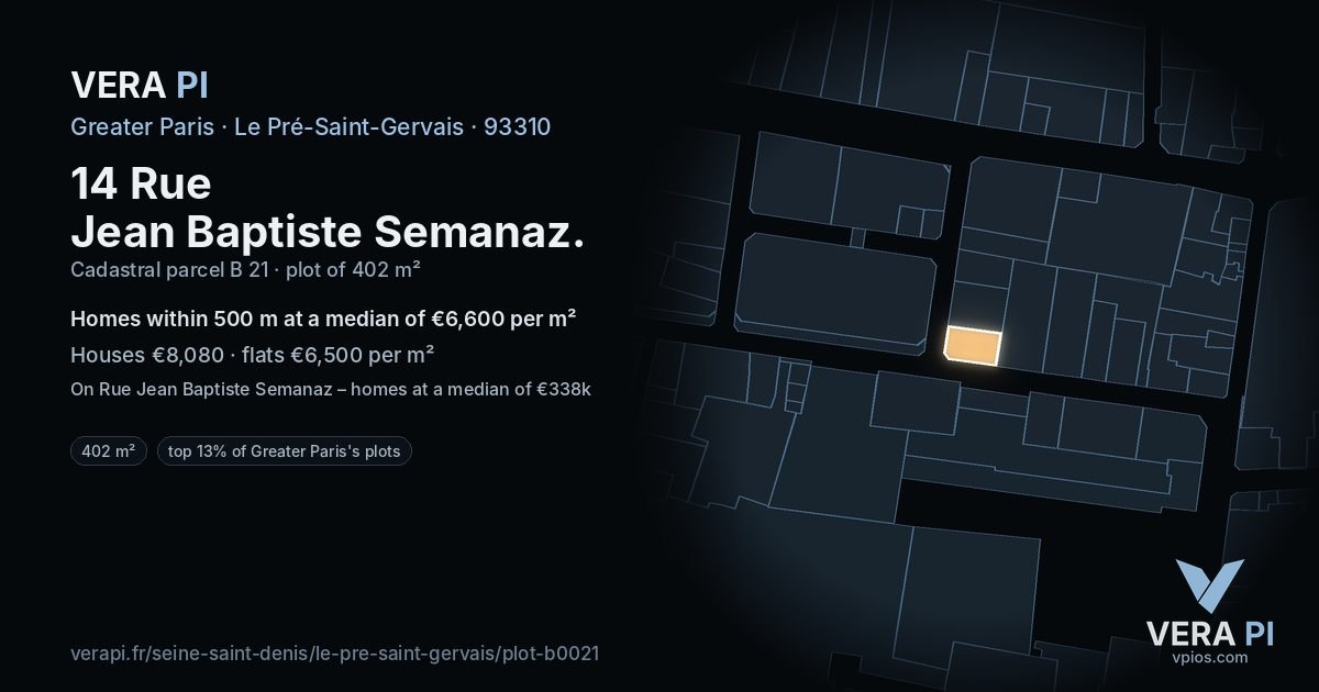 14 Rue Jean Baptiste Semanaz, Le Pré-Saint-Gervais at night – the plot lit, the parcels around coloured by the prices near them